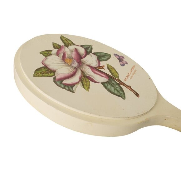 Ivory Hand-Held Mirror Painted Wood Magnolia Altissima Flower Gloss Finish VTG - Picture 2 of 8